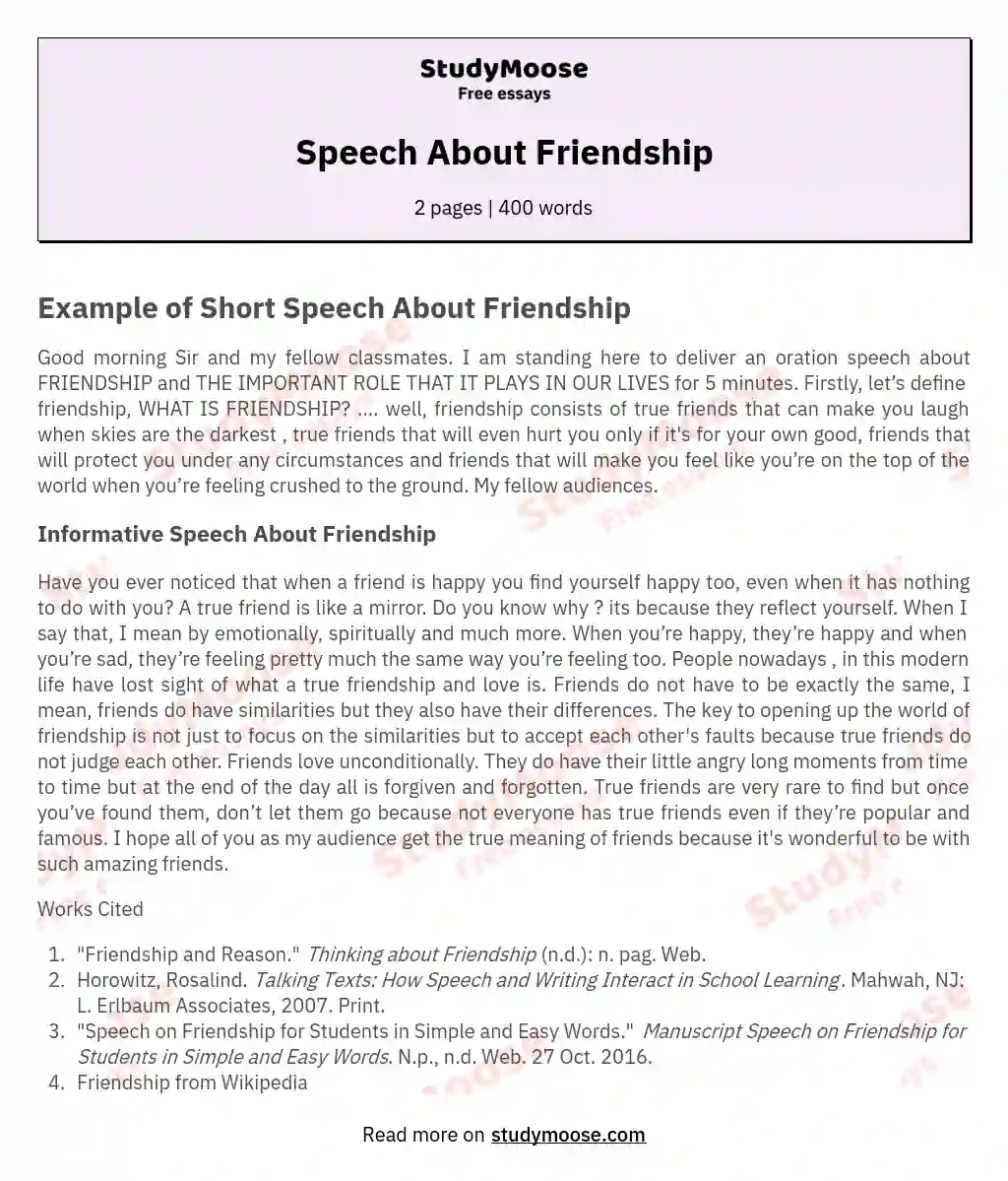 Speech About Friendship essay