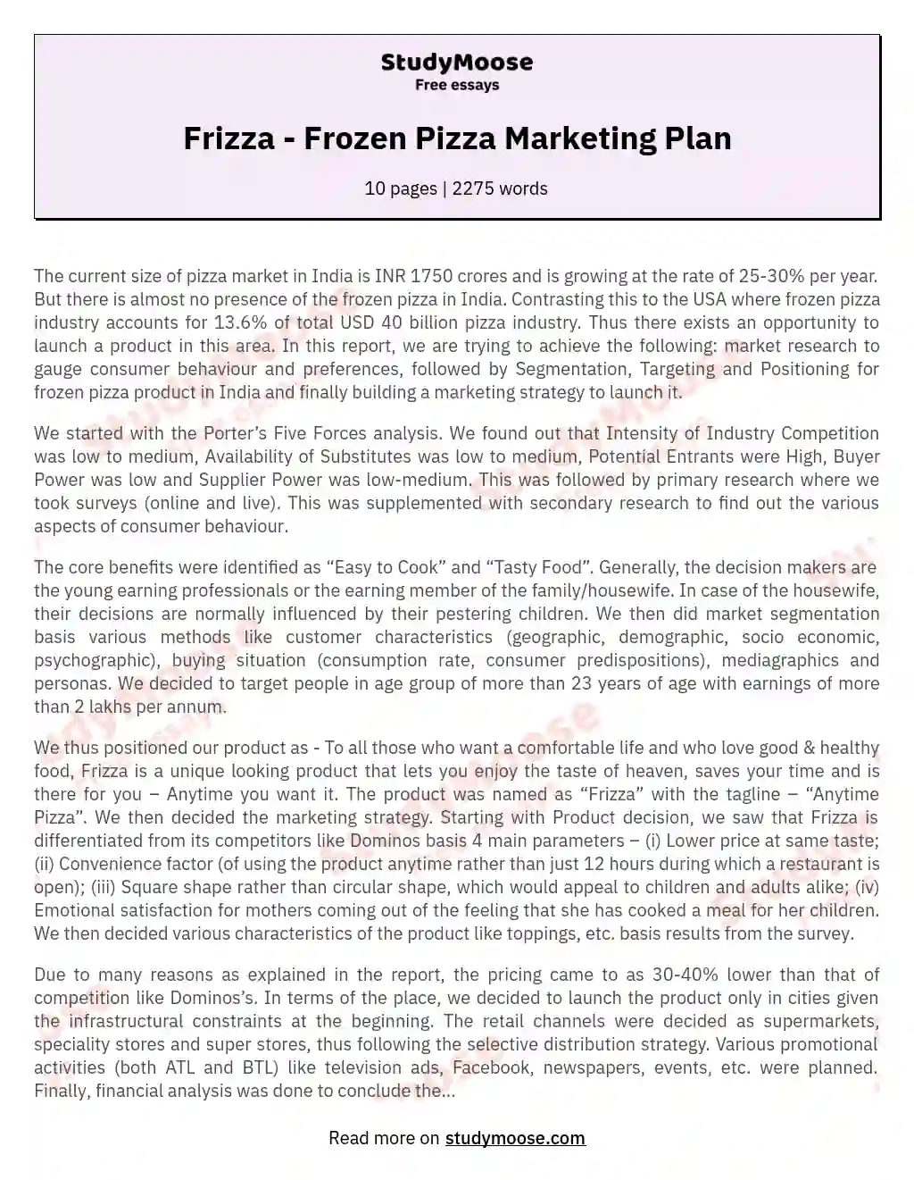 frozen pizza business plan