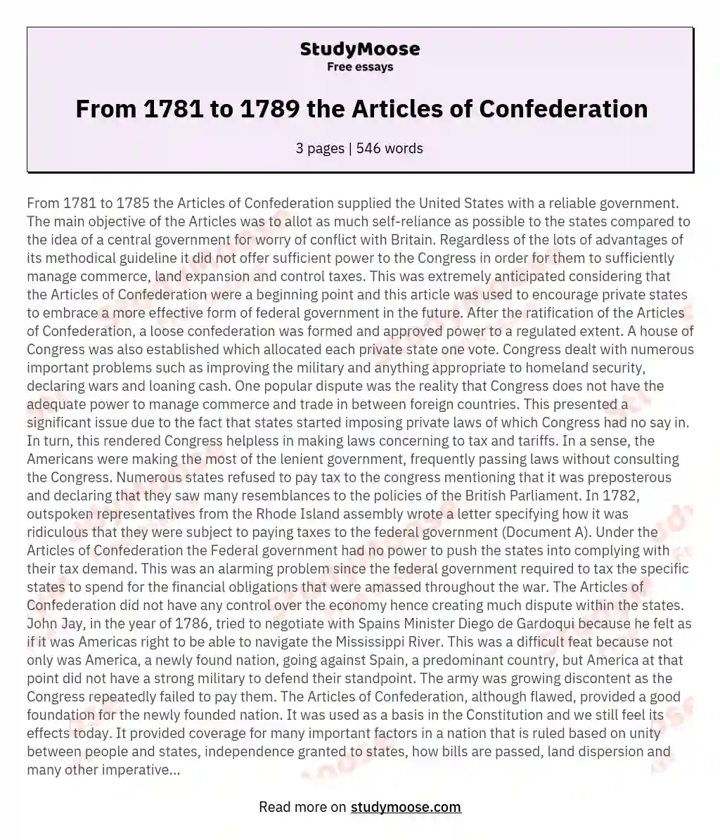 From 1781 to 1789 the Articles of Confederation essay