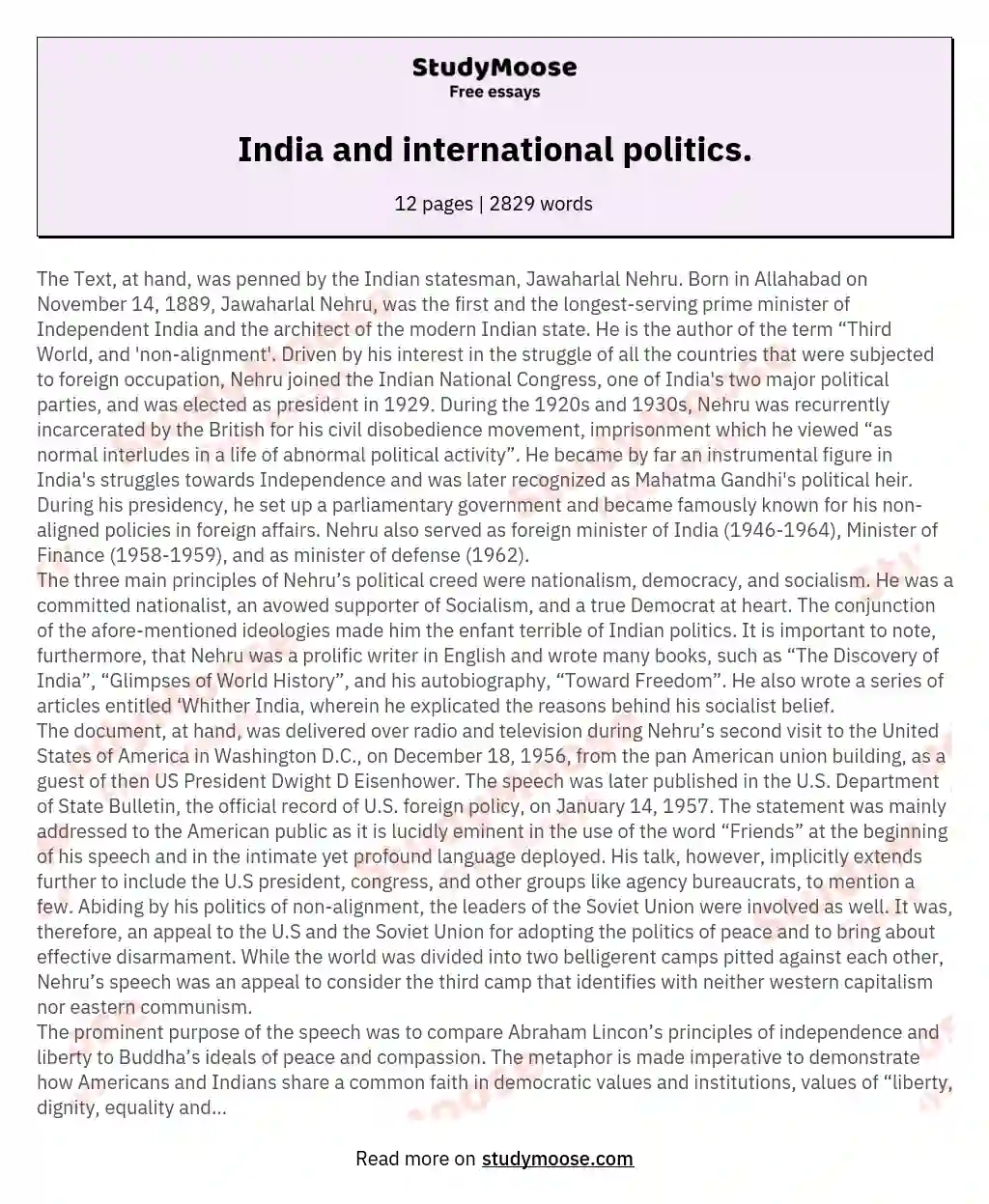 India and international politics. essay