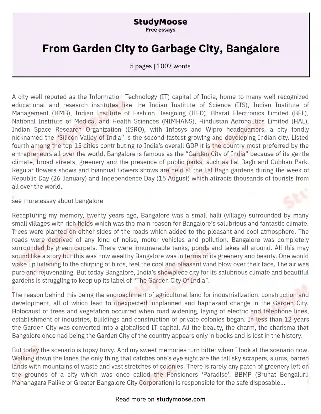 From Garden City to Garbage City, Bangalore essay