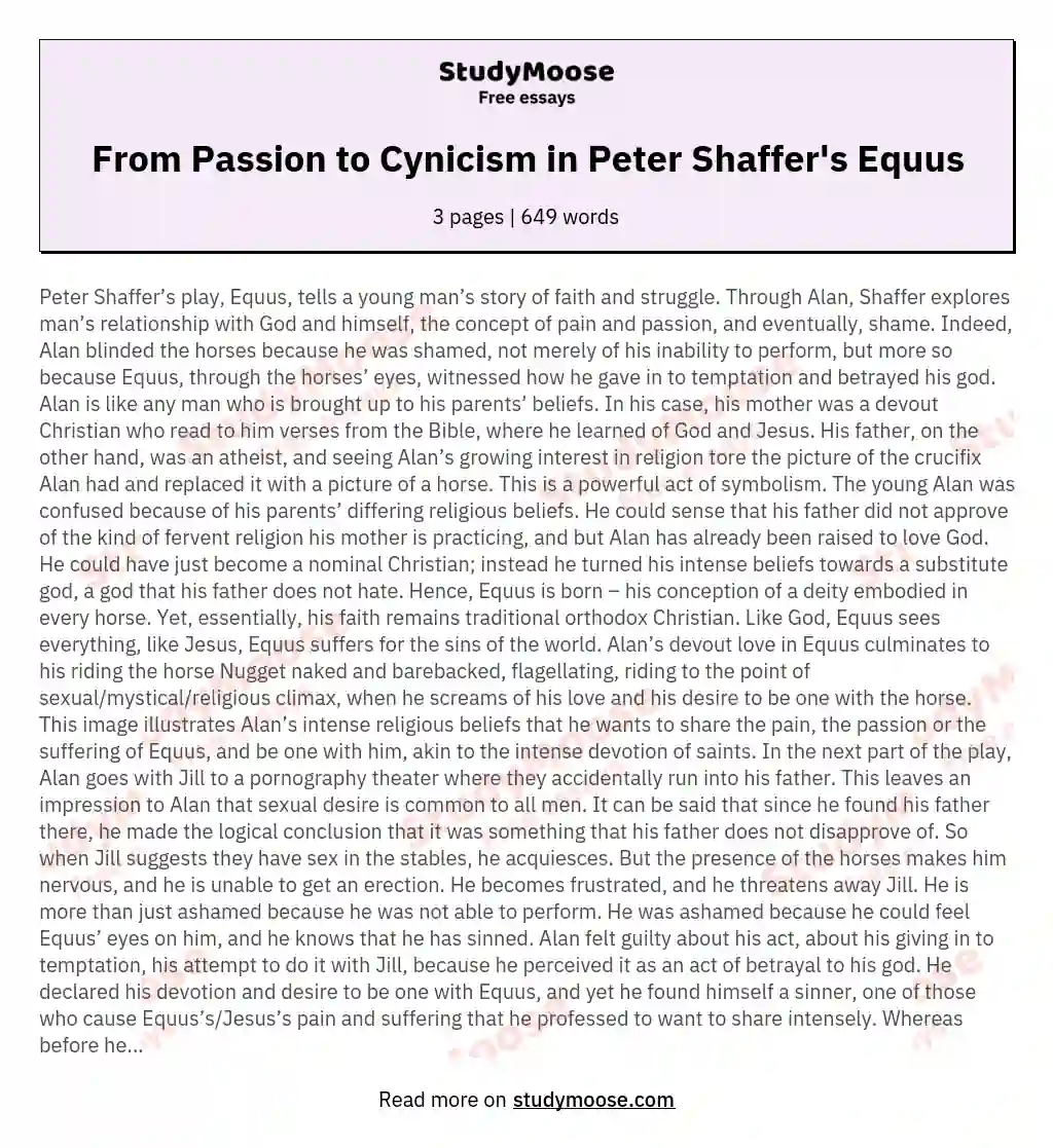 From Passion to Cynicism in Peter Shaffer's Equus essay