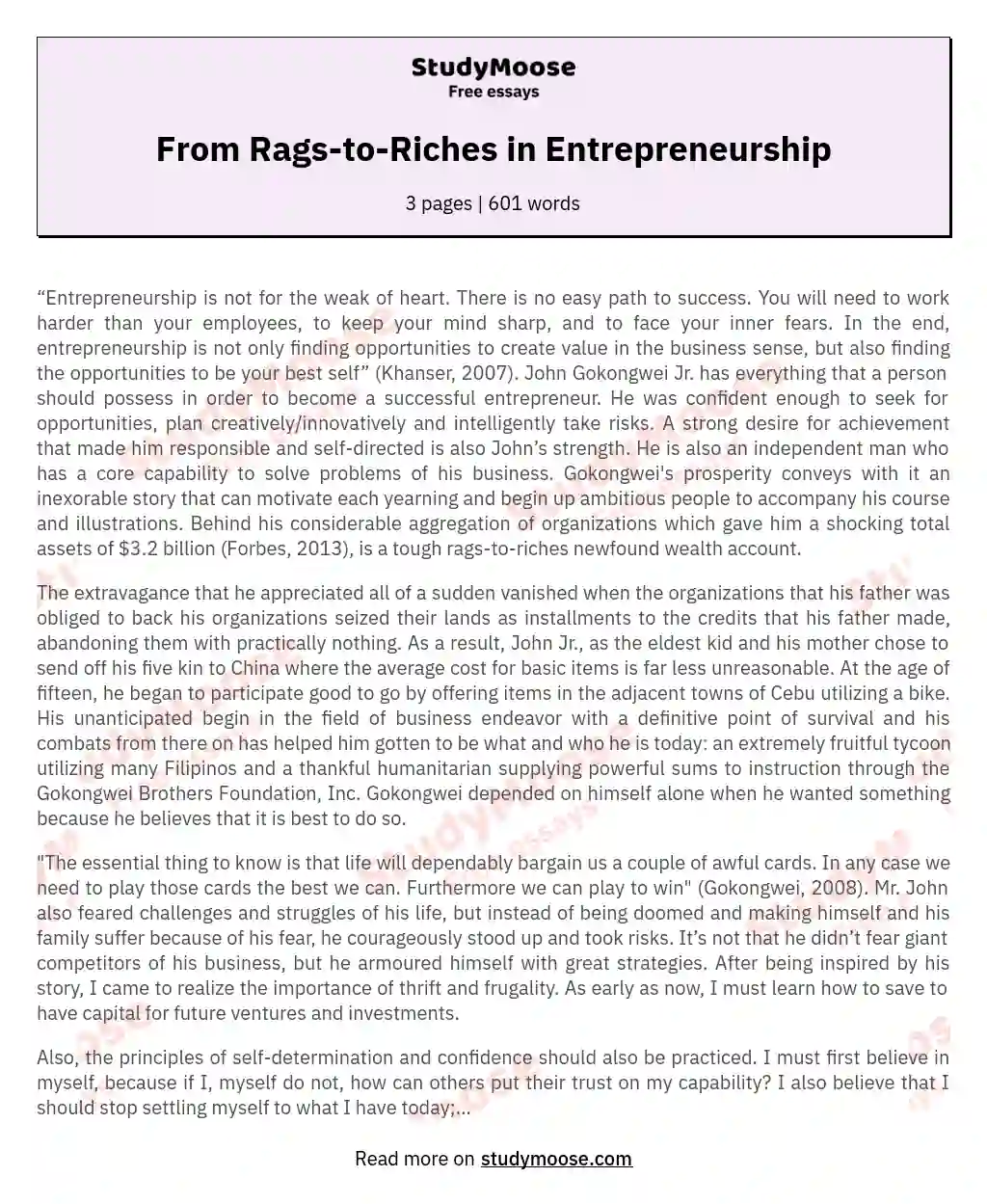 From Rags-to-Riches in Entrepreneurship essay