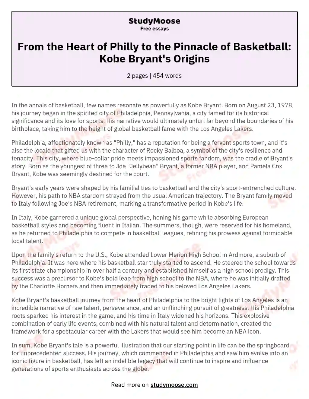From the Heart of Philly to the Pinnacle of Basketball: Kobe Bryant's Origins essay