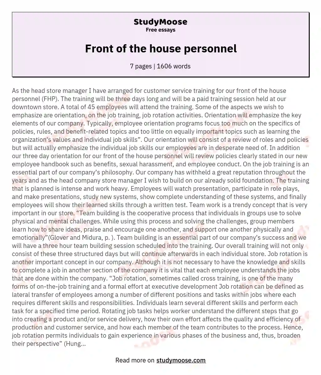 Front of the house personnel essay