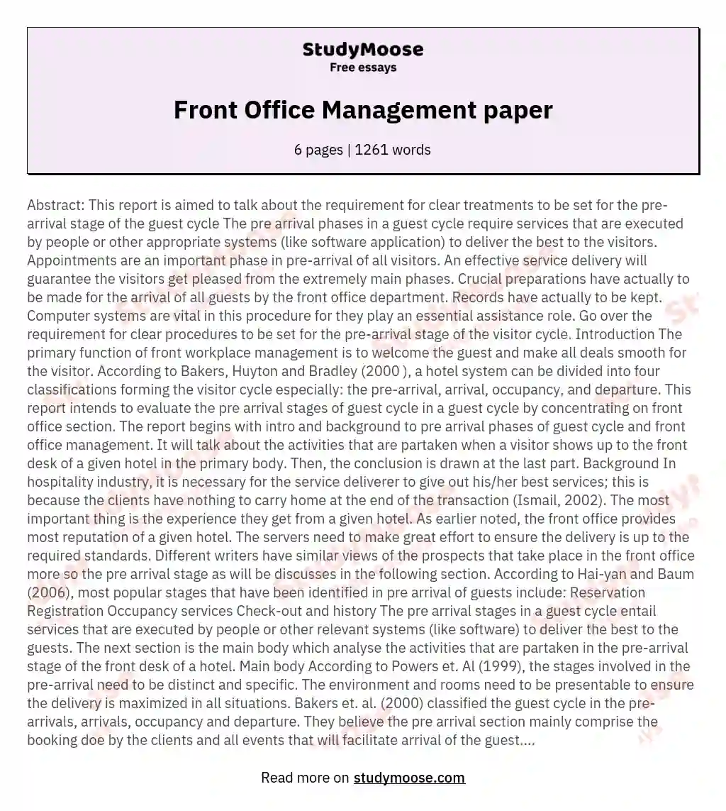 Front Office Management paper essay