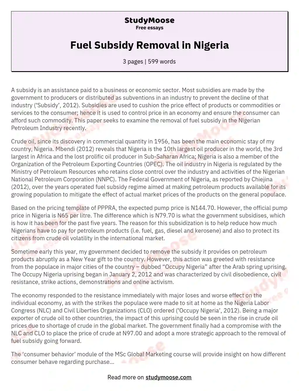 Fuel Subsidy Removal in Nigeria essay