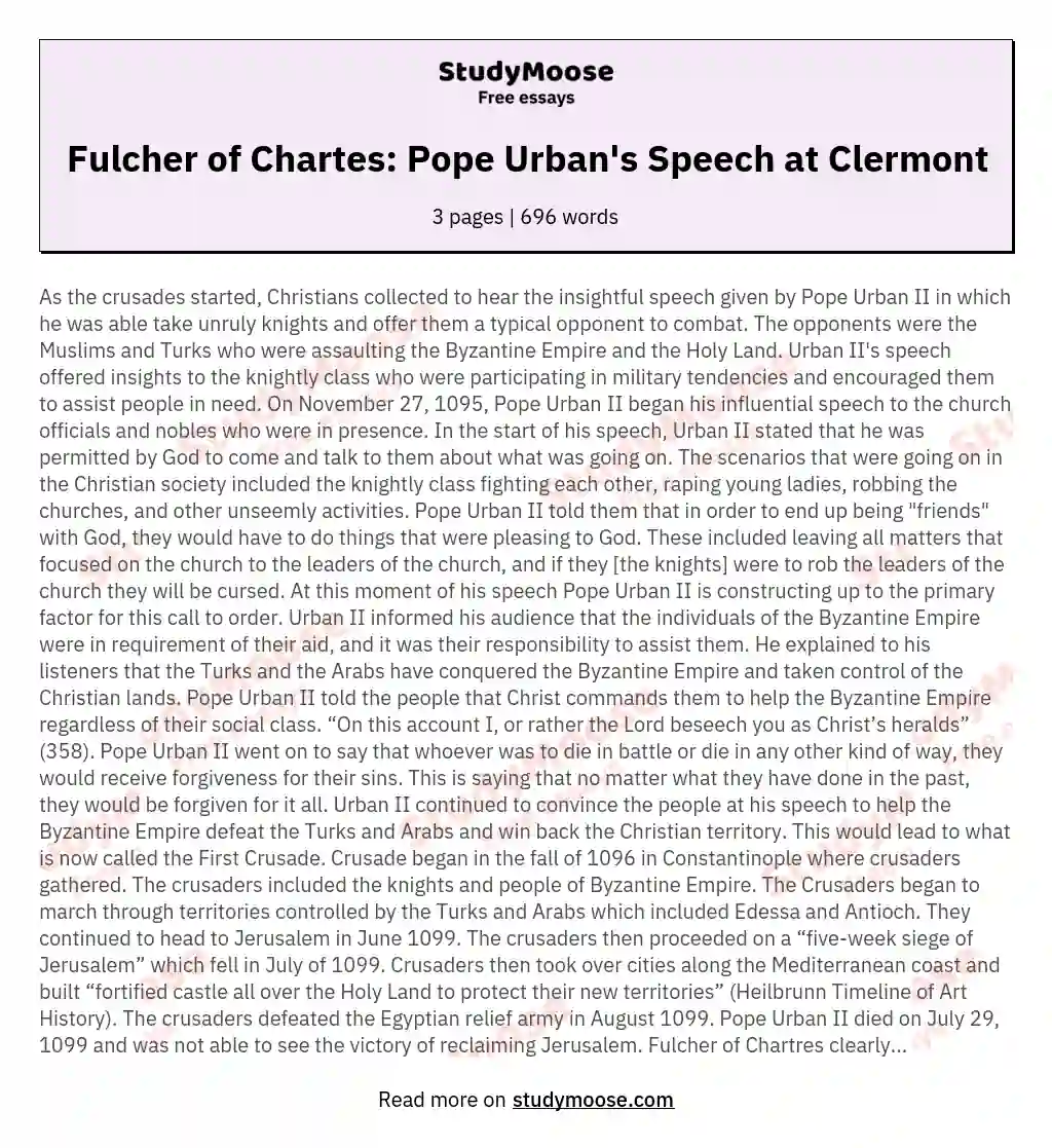 Fulcher of Chartes: Pope Urban's Speech at Clermont essay