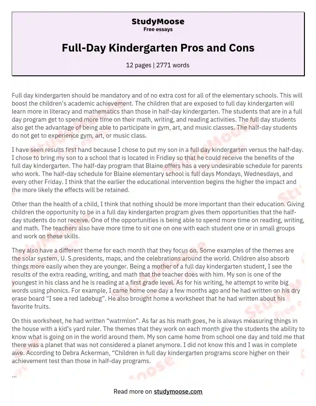 Full-Day Kindergarten Pros and Cons essay