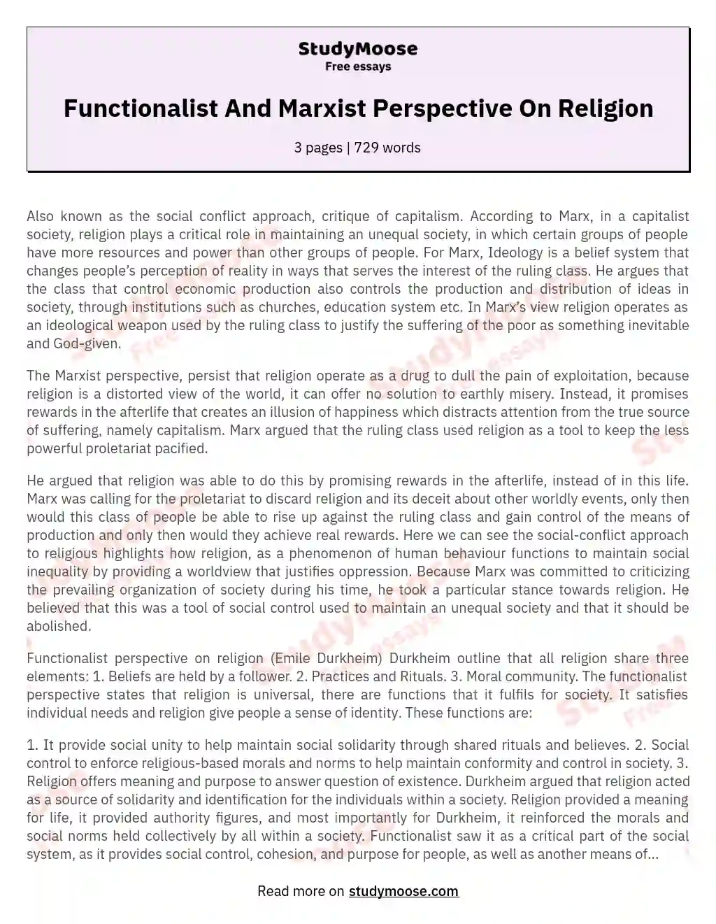 Functionalist And Marxist Perspective On Religion essay