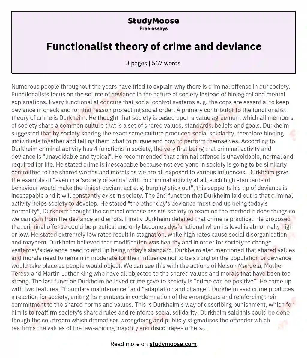 Functionalist theory of crime and deviance essay