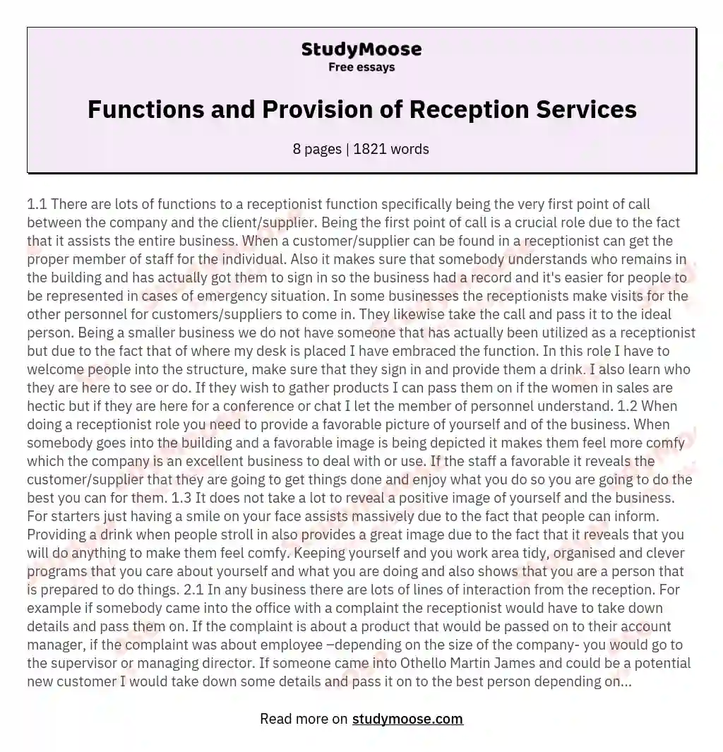 Functions and Provision of Reception Services essay