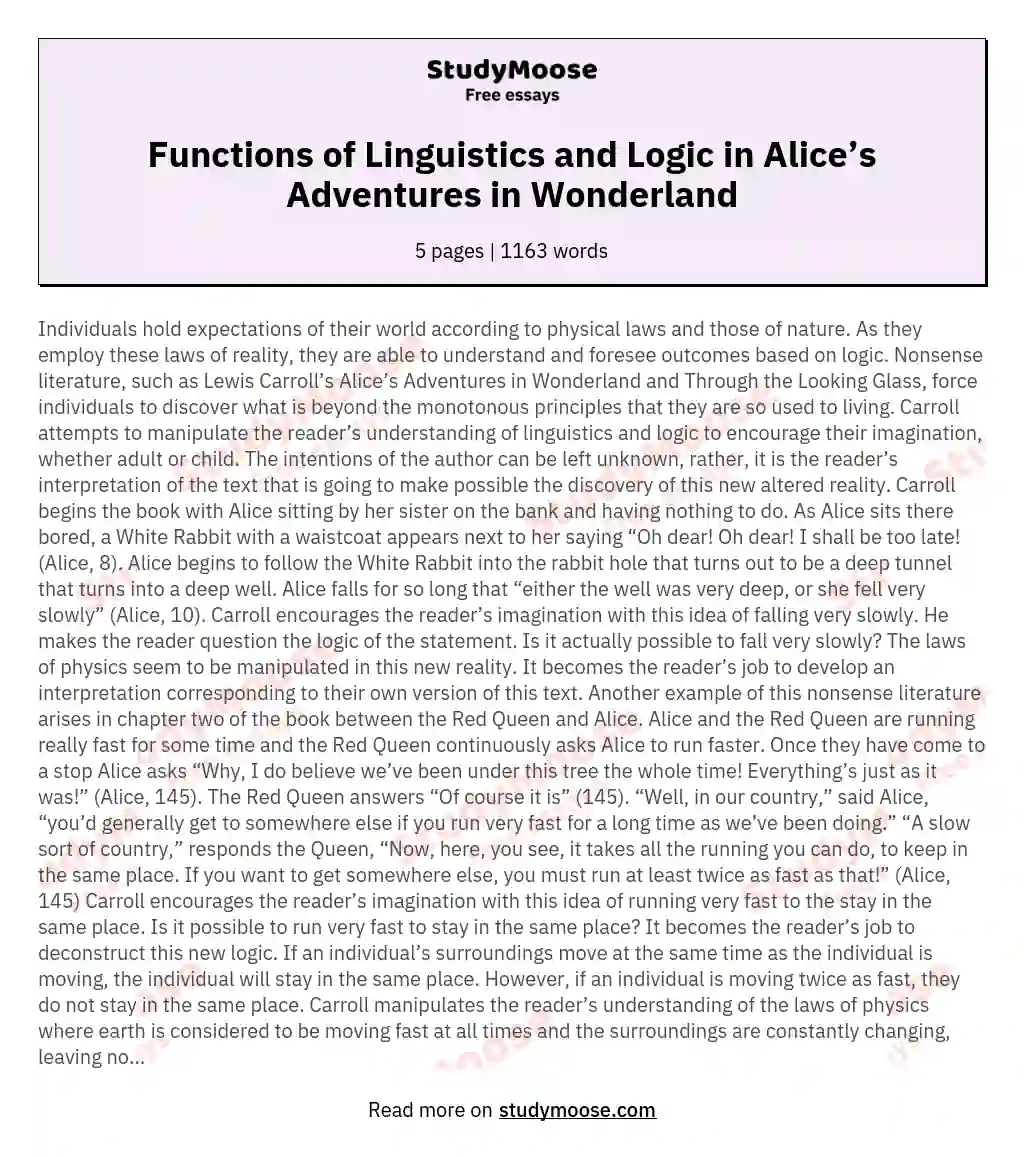 Functions of Linguistics and Logic in Alice’s Adventures in Wonderland essay