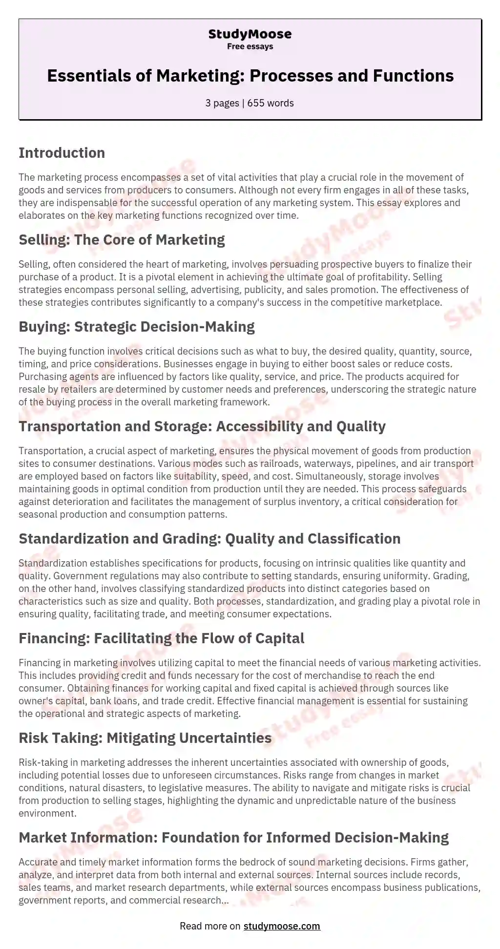 Essentials of Marketing: Processes and Functions essay