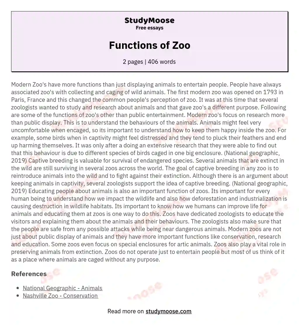 Functions Of Zoo Free Essay Example