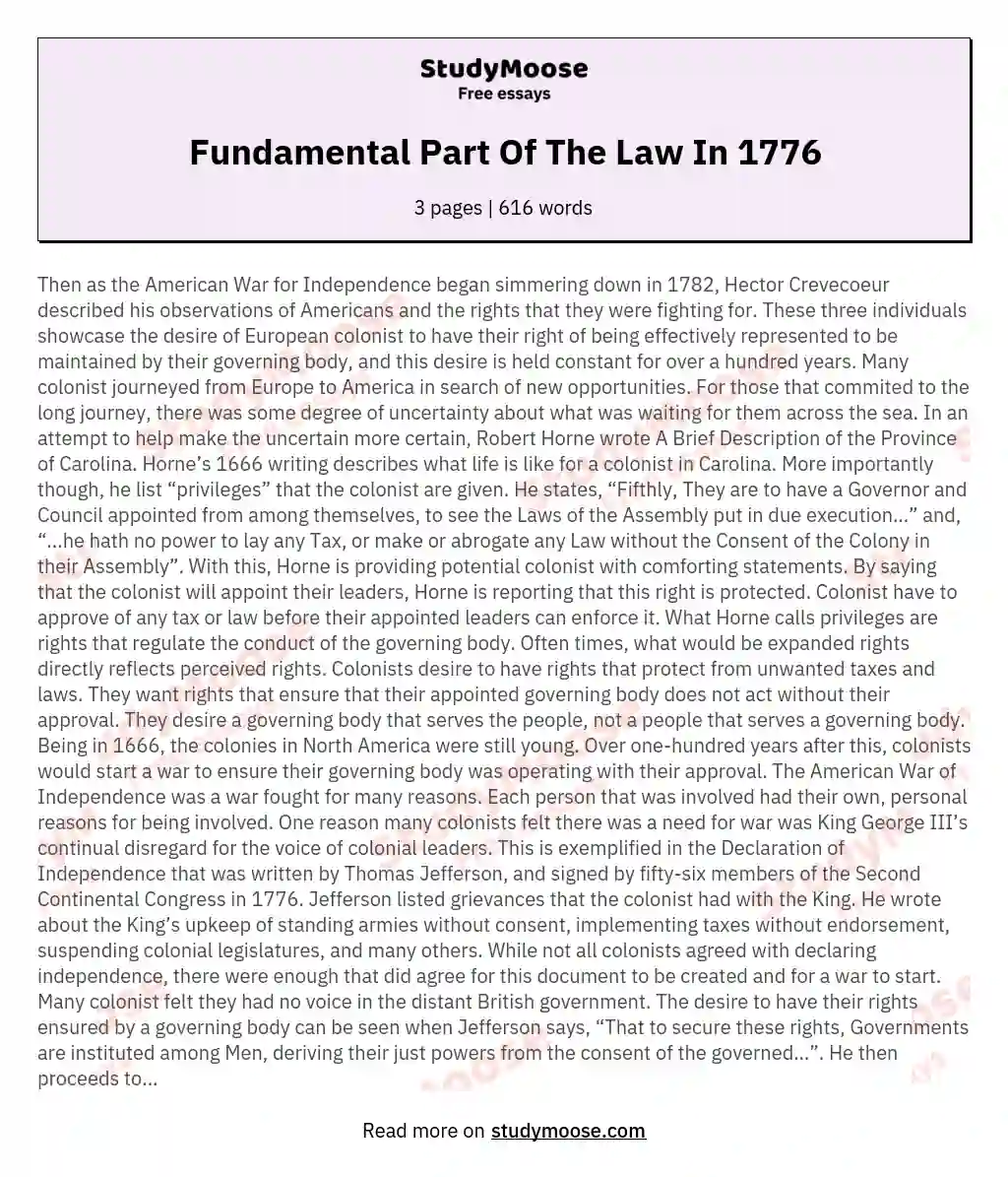 Fundamental Part Of The Law In 1776 essay