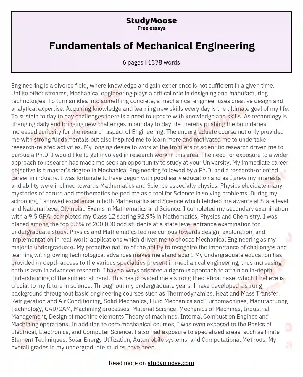 Fundamentals of Mechanical Engineering essay