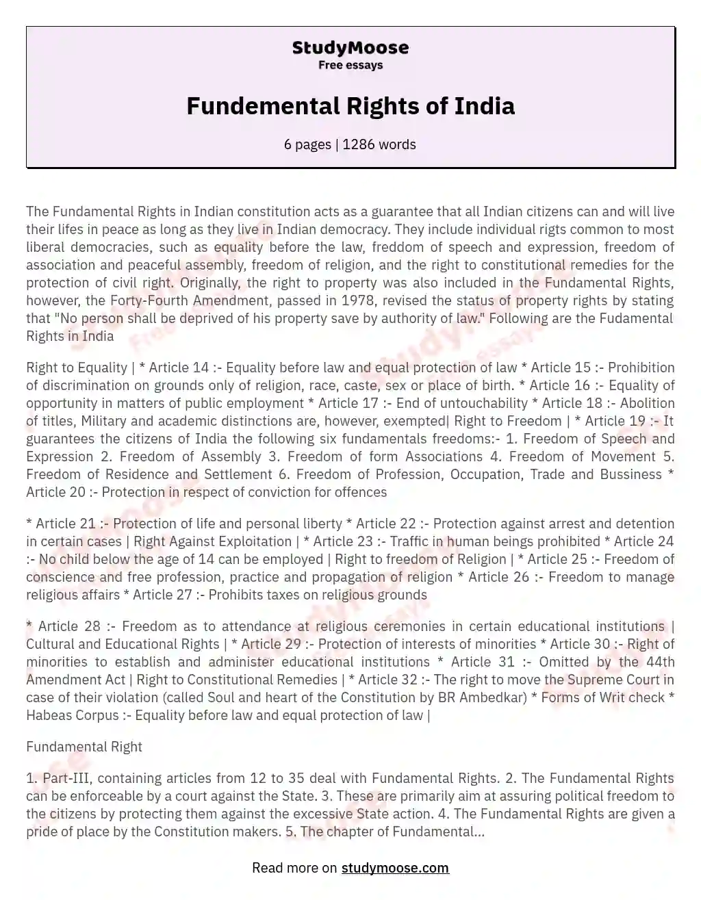 Fundemental Rights of India essay
