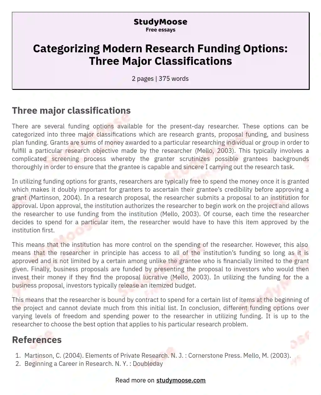 Categorizing Modern Research Funding Options: Three Major Classifications essay