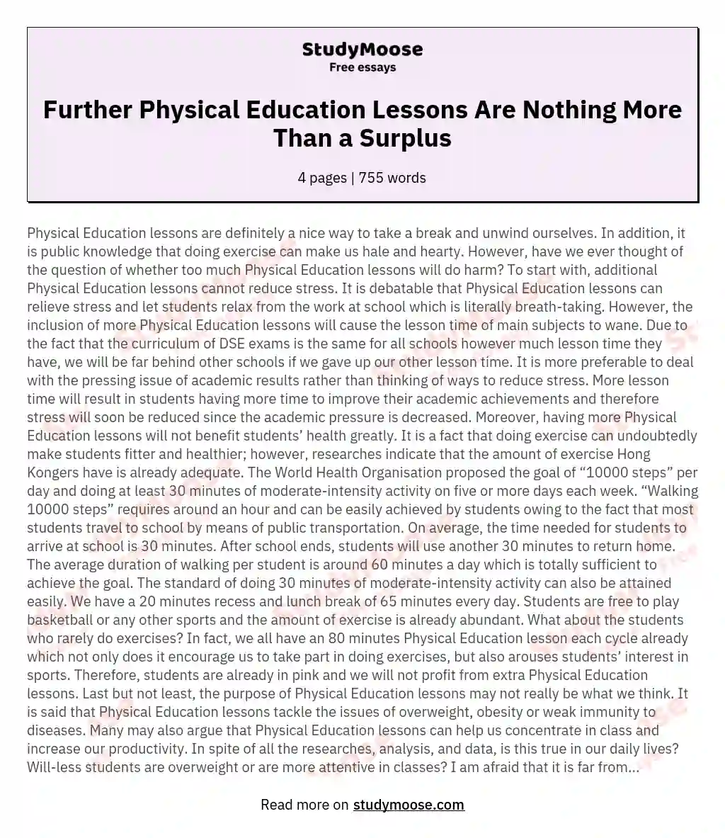 Further Physical Education Lessons Are Nothing More Than a Surplus essay