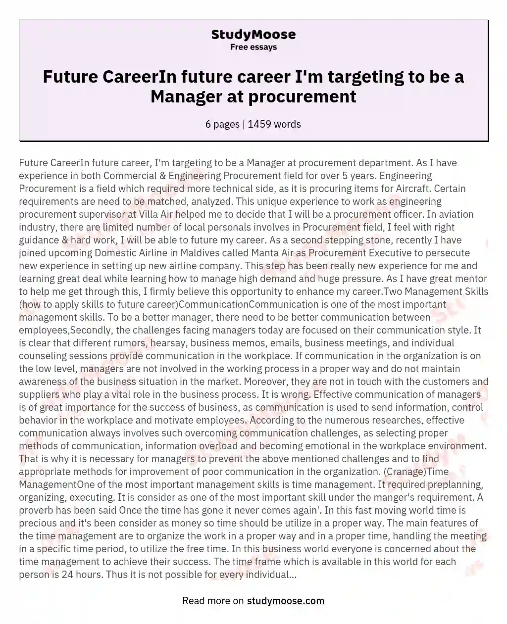 Future CareerIn future career I'm targeting to be a Manager at procurement essay