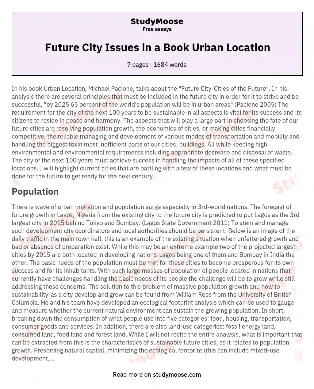 Future City Issues in a Book Urban Location essay