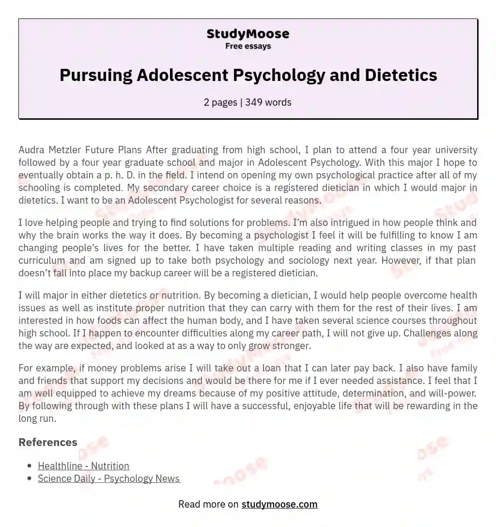 Pursuing Adolescent Psychology and Dietetics essay