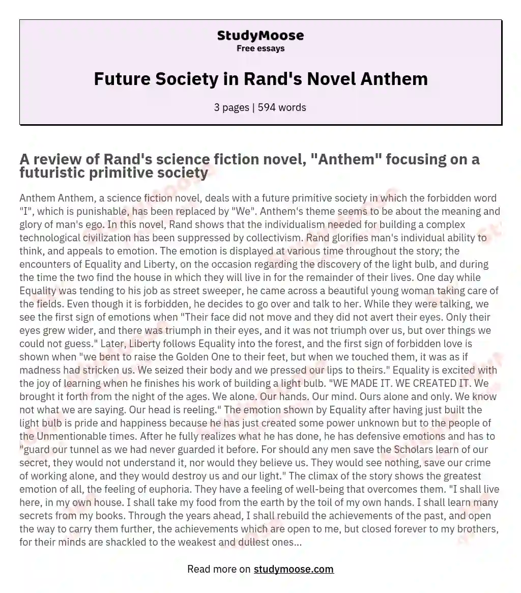 Future Society in Rand's Novel Anthem essay