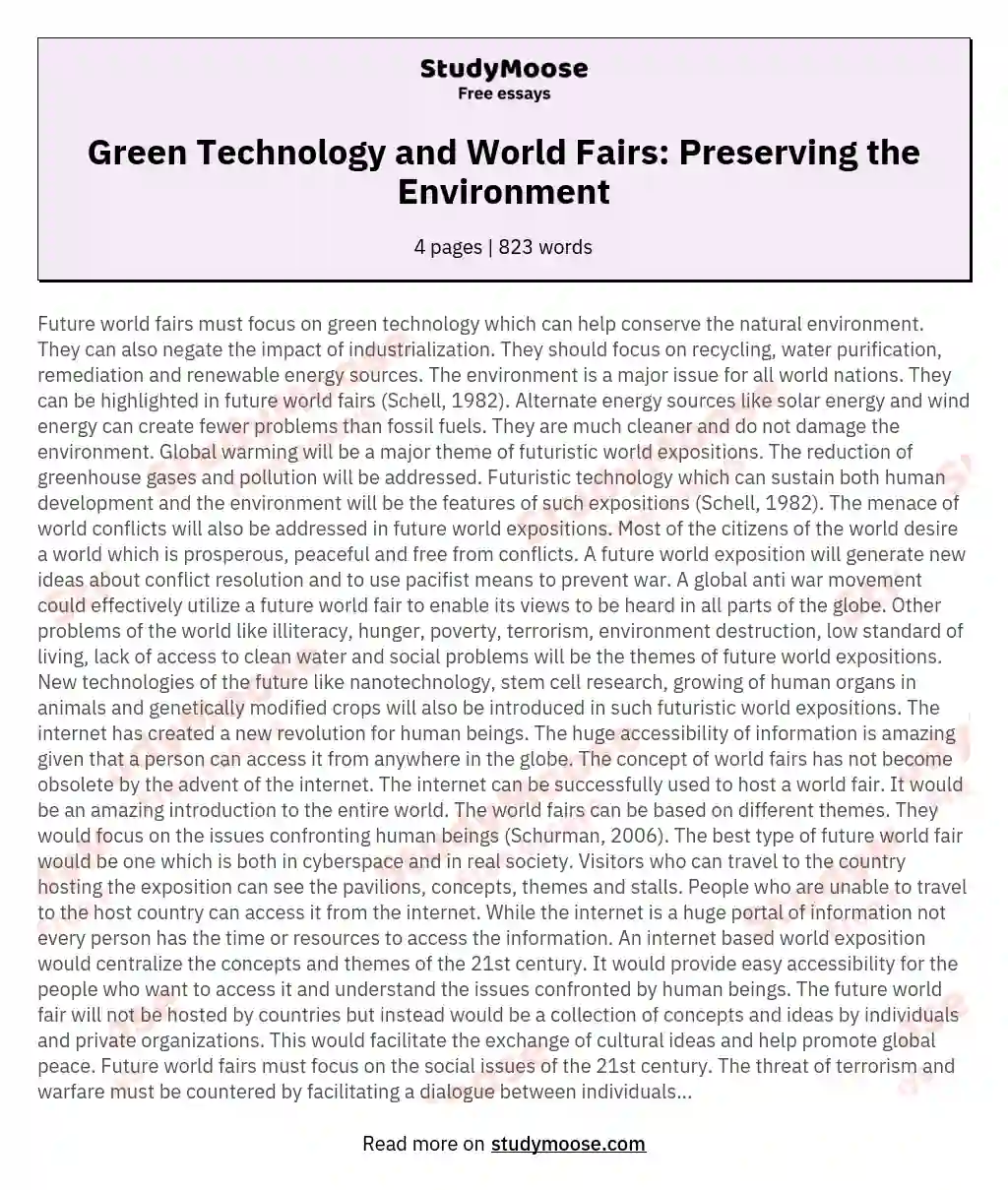 Green Technology and World Fairs: Preserving the Environment essay