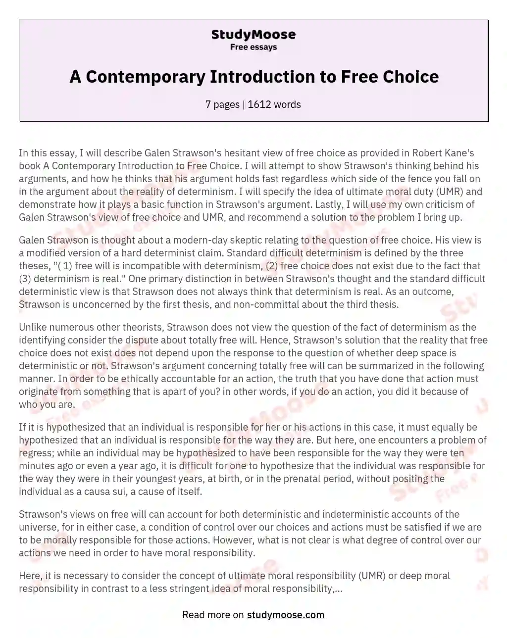A Contemporary Introduction to Free Choice essay