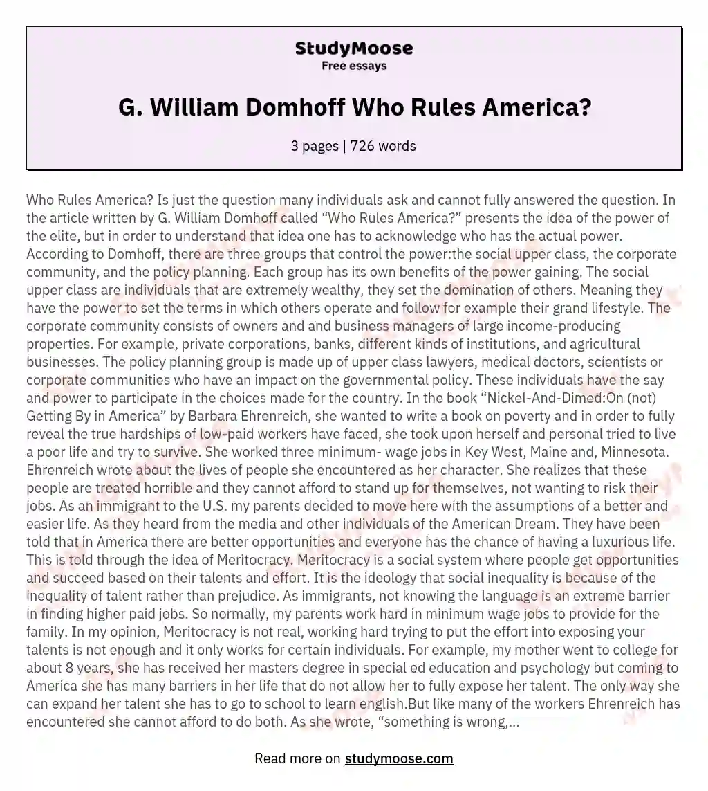 G. William Domhoff Who Rules America? essay