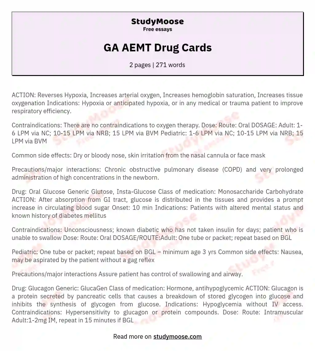 GA AEMT Drug Cards essay