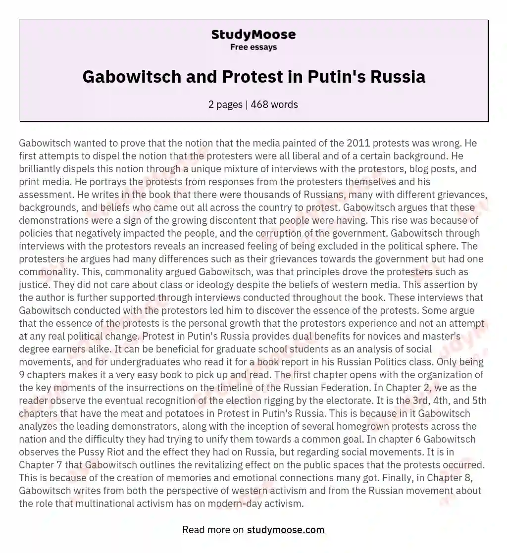 Gabowitsch and Protest in Putin's Russia essay