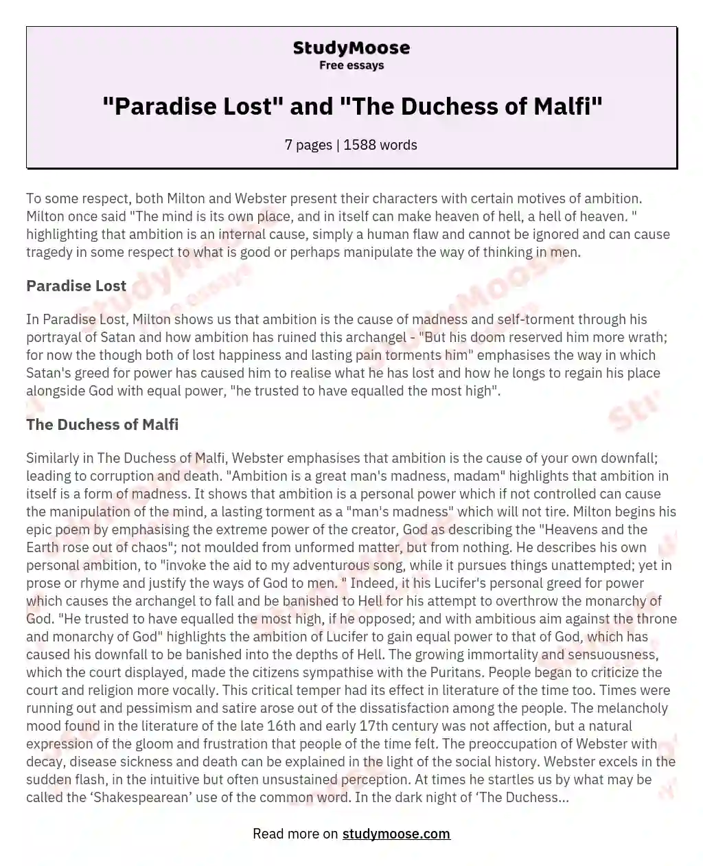 "Paradise Lost" and "The Duchess of Malfi"