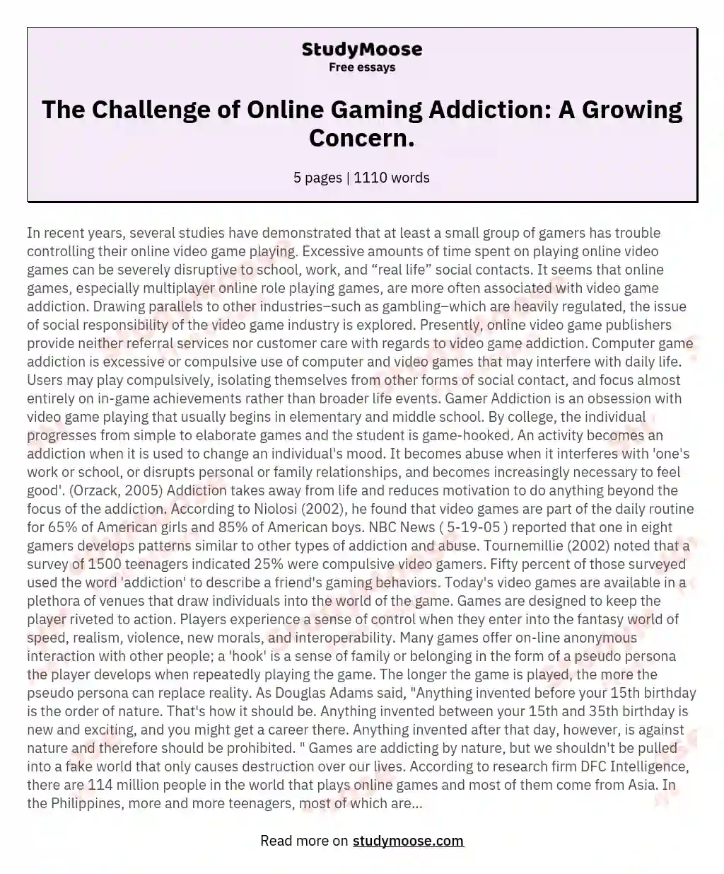 The Challenge of Online Gaming Addiction: A Growing Concern. essay