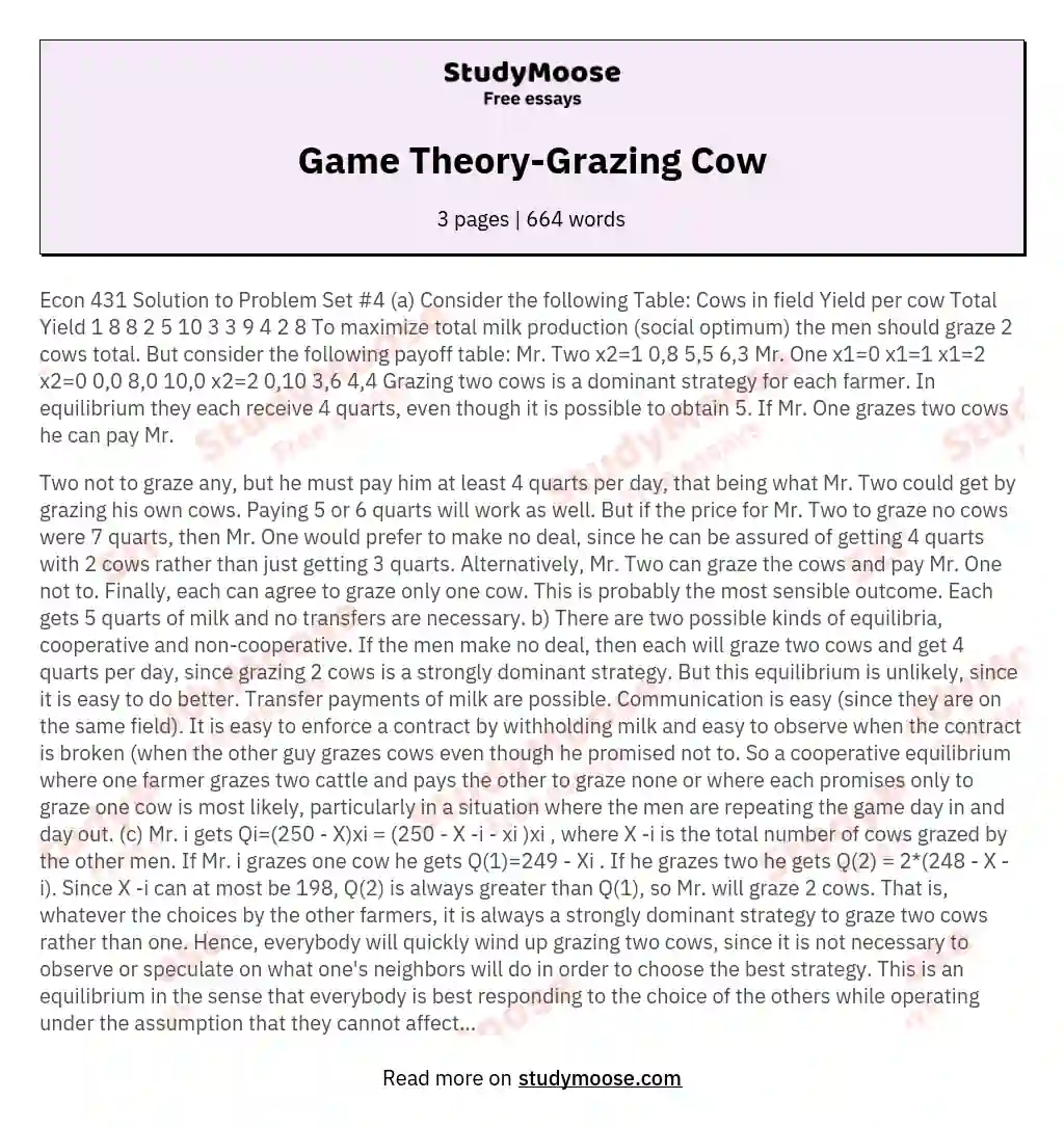 Game Theory-Grazing Cow essay