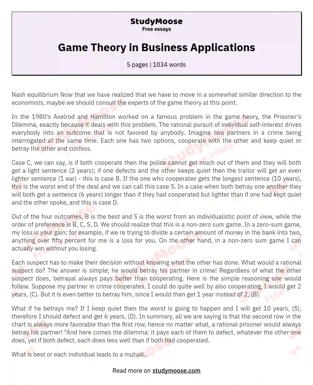 Game Theory in Business Applications essay