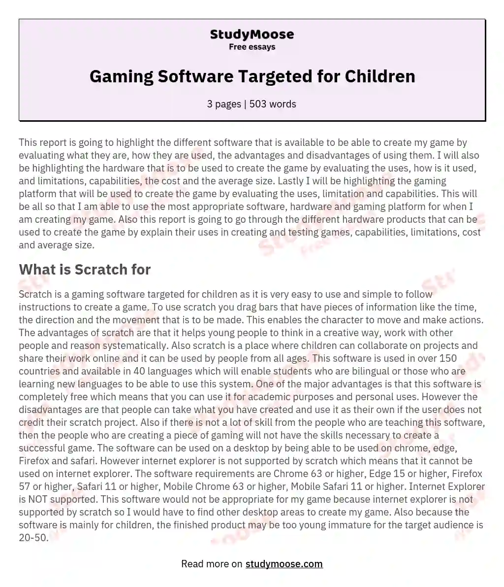 Gaming Software Targeted for Children essay