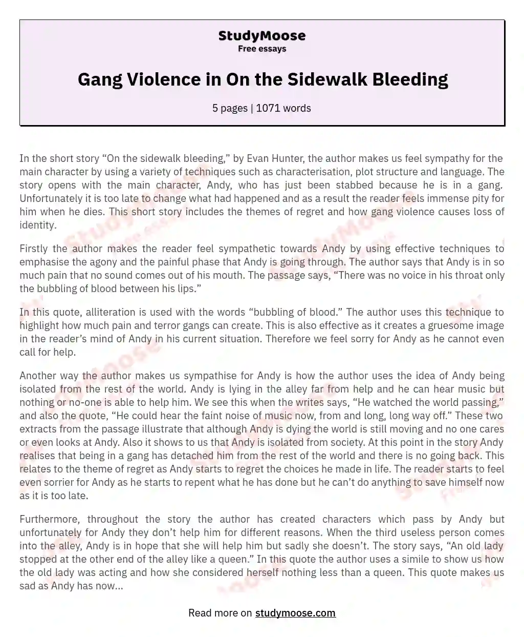 Gang Violence in On the Sidewalk Bleeding essay