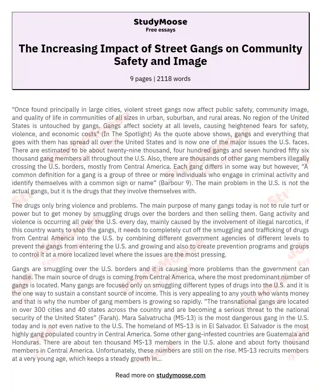 The Impact of Gangs and Drug Trafficking in the U.S. essay