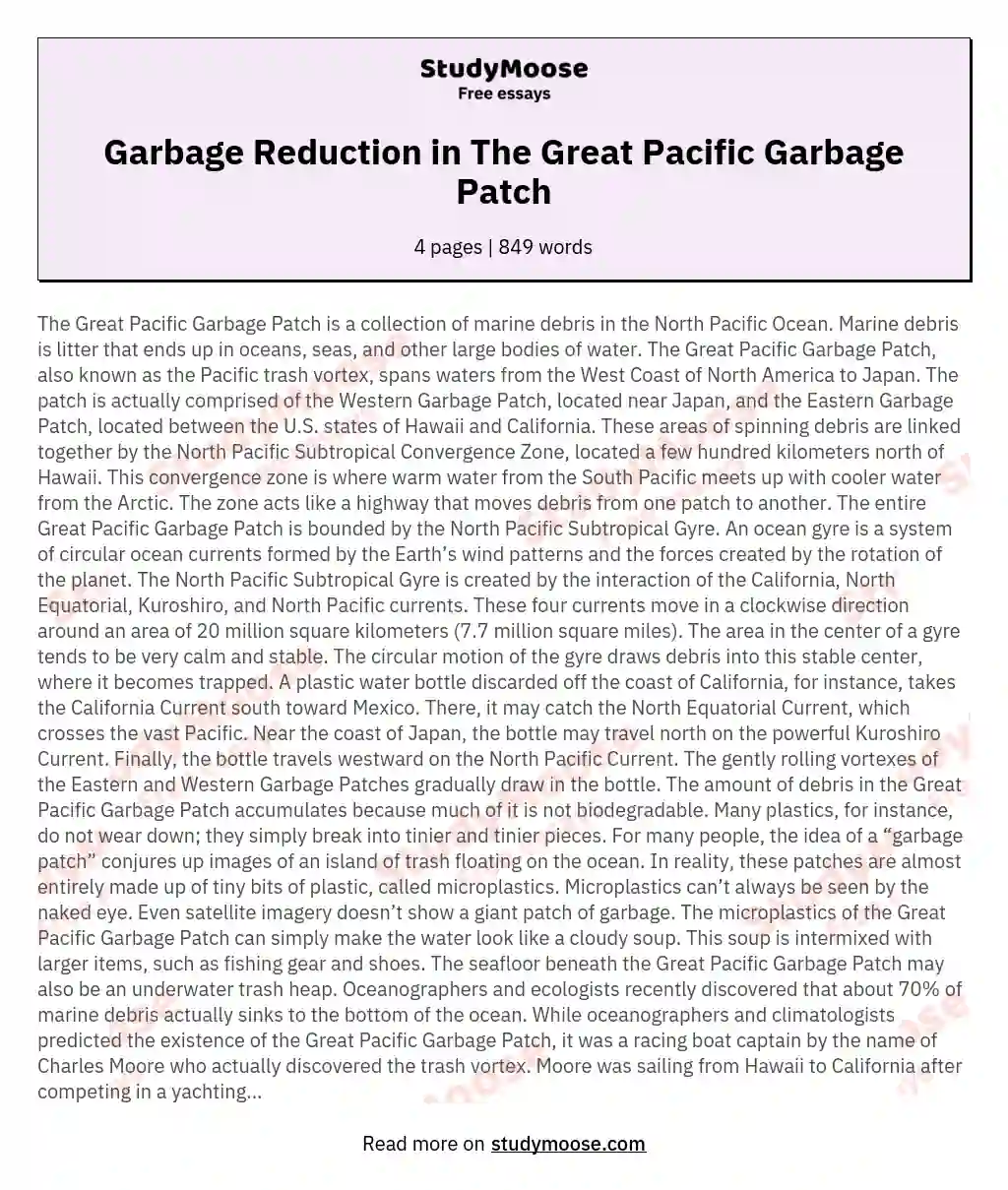 Garbage Reduction in The Great Pacific Garbage Patch