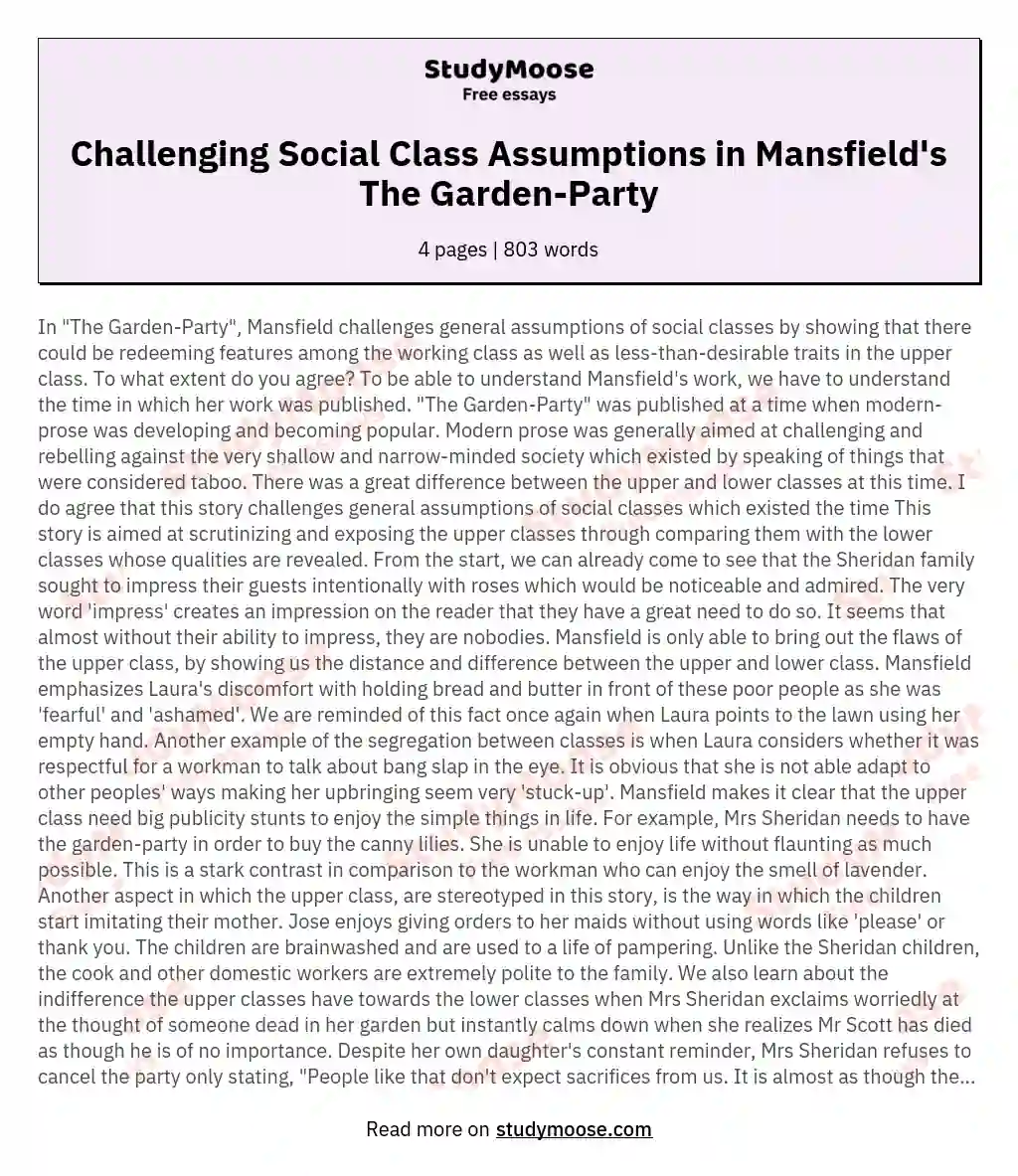 Challenging Social Class Assumptions in Mansfield's The Garden-Party essay