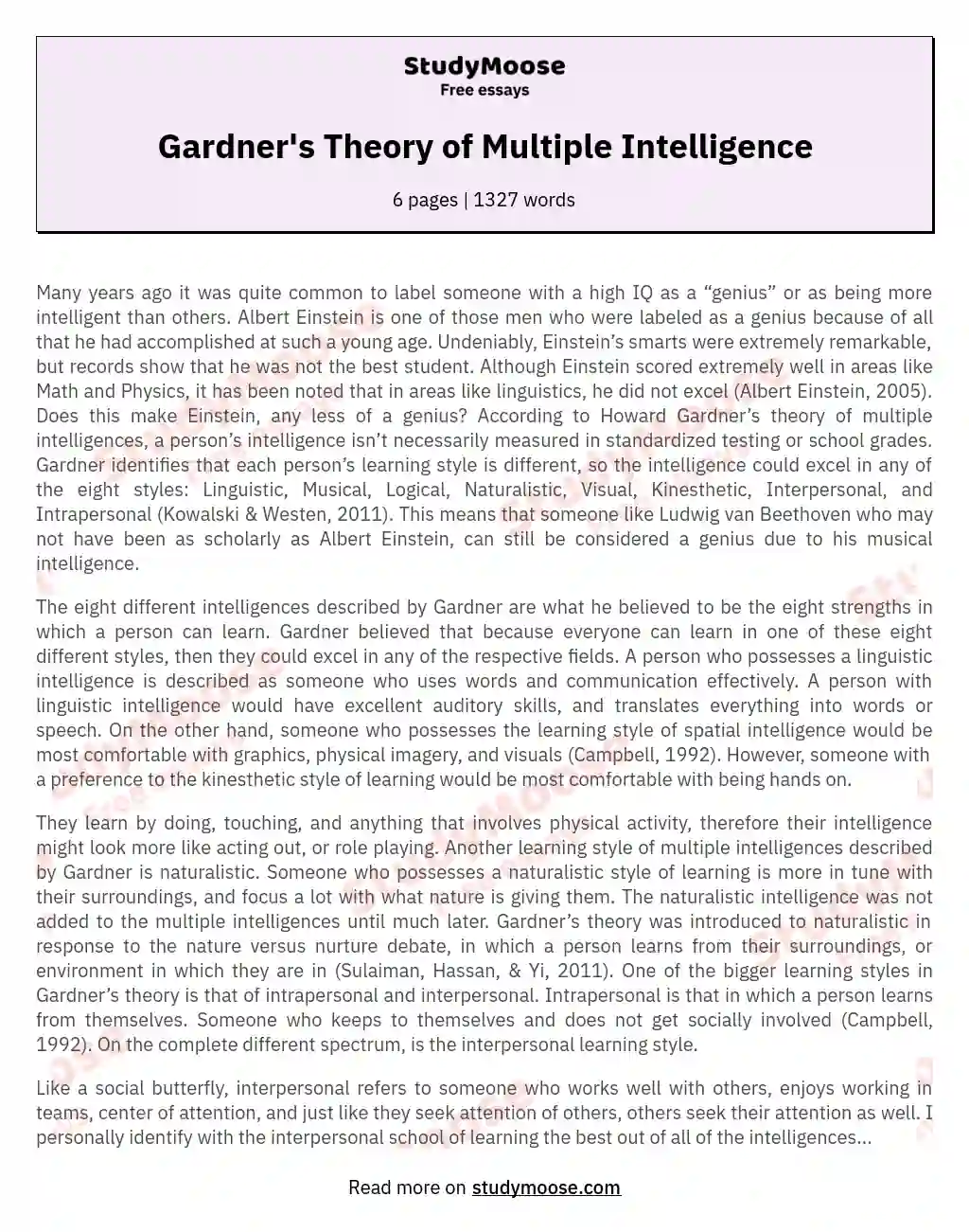 Gardner's Theory of Multiple Intelligence