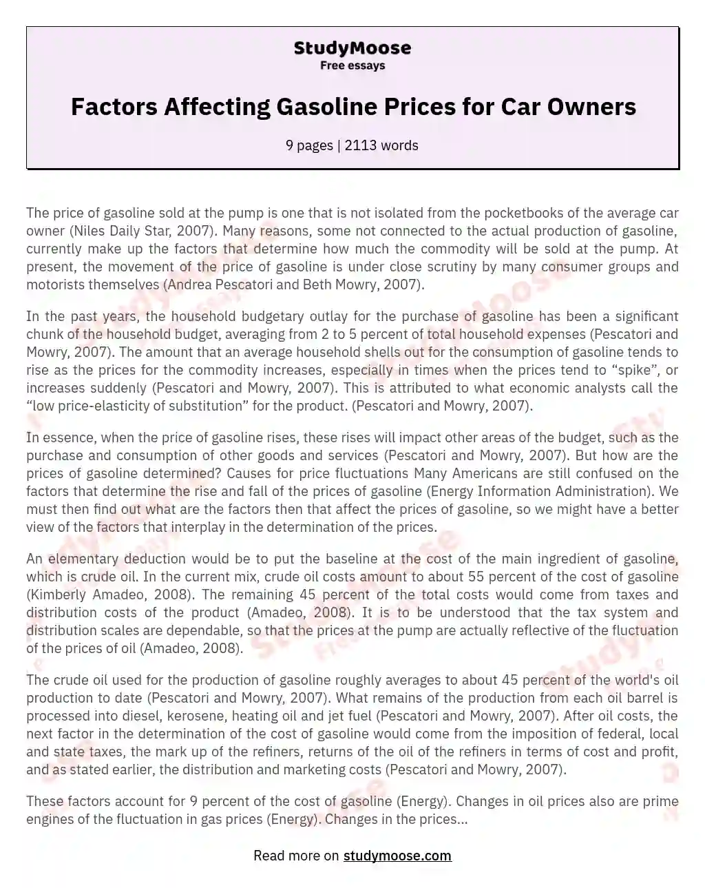 Factors Affecting Gasoline Prices for Car Owners essay