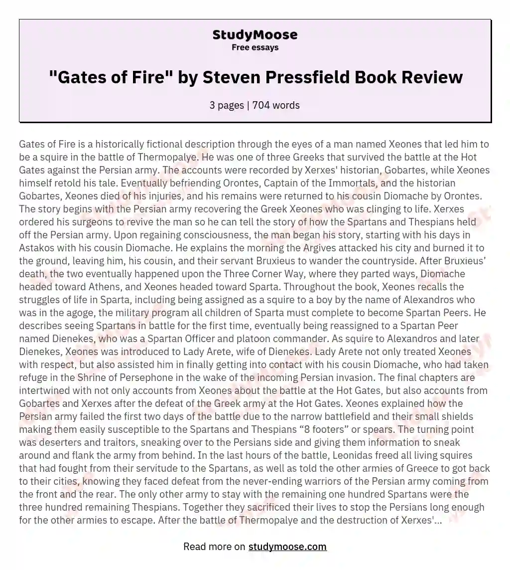 "Gates of Fire" by Steven Pressfield Book Review essay