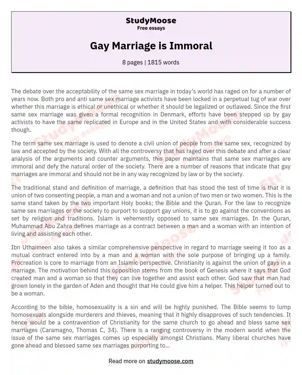 Gay Marriage is Immoral