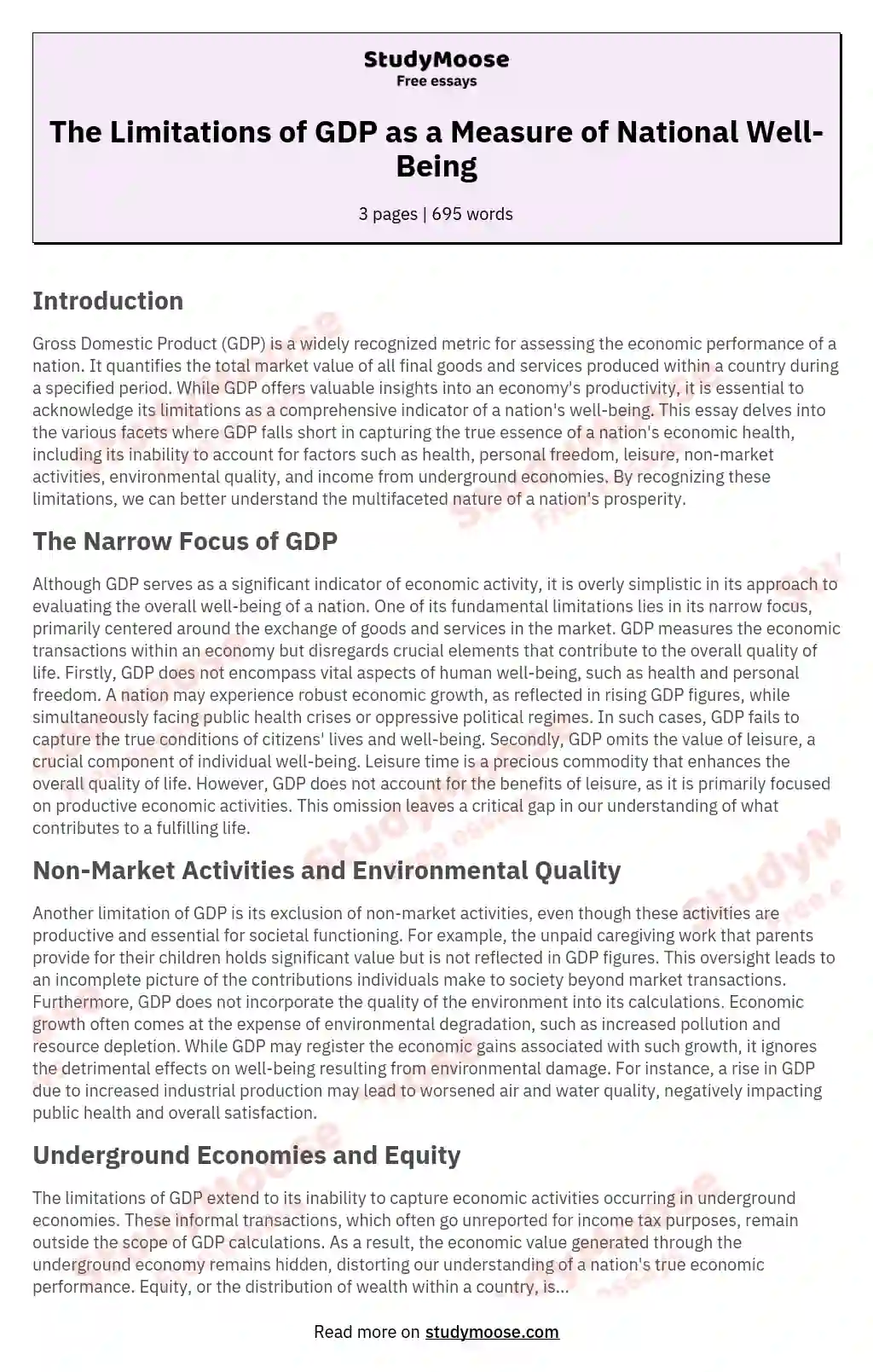 The Limitations of GDP as a Measure of National Well-Being essay