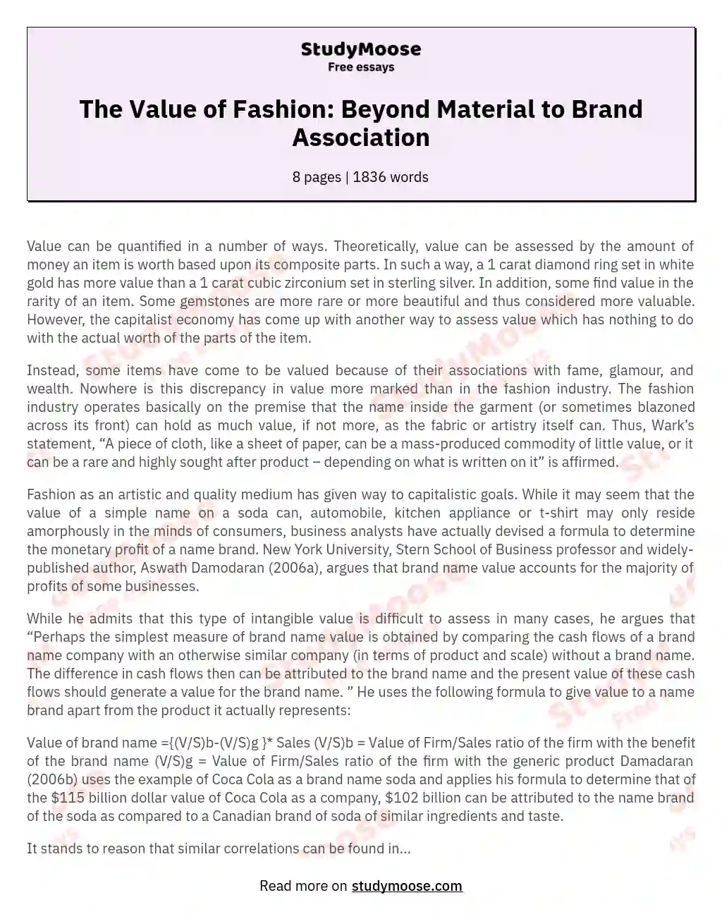 The Value of Fashion: Beyond Material to Brand Association essay