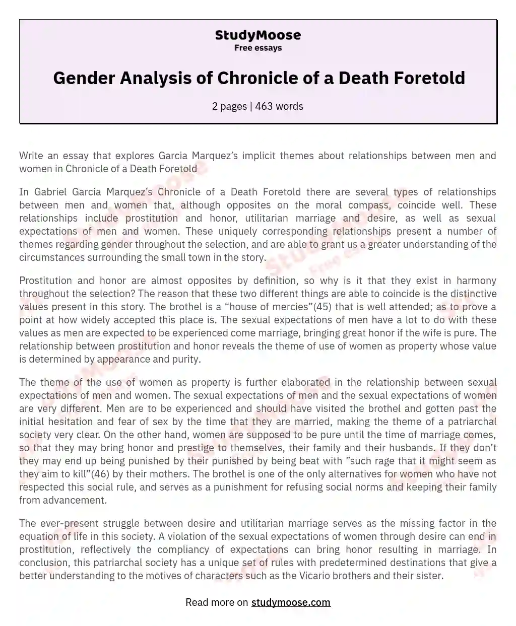 Gender Analysis of Chronicle of a Death Foretold