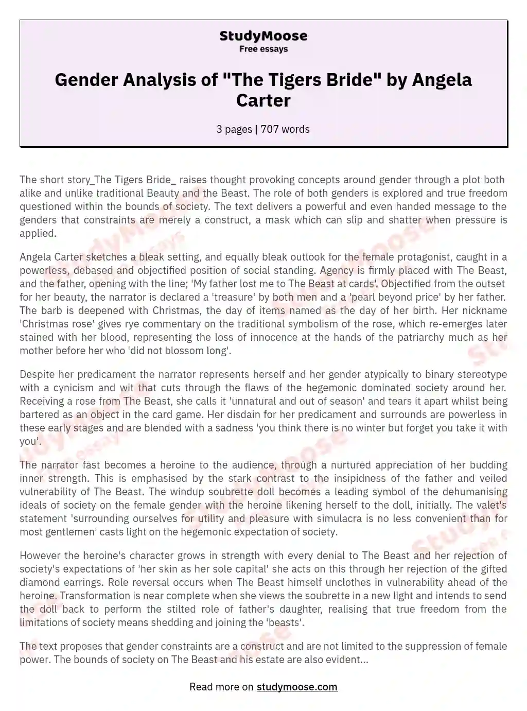 Gender Analysis of "The Tigers Bride" by Angela Carter essay